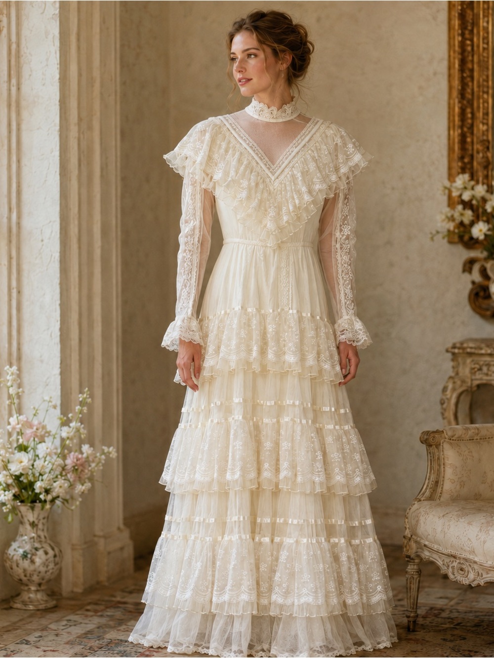 Vintage Gunne Sax Romantic Renaissance Ivory Lace Bridal Dress Size 7, 1970’s.